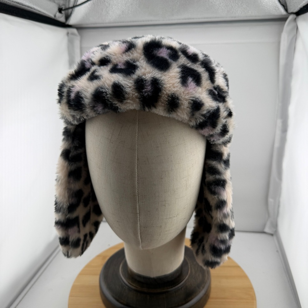 Cat & Jack Faux Fur Leopard Trapper Hat OSFM Black Cream Purple Animal Print